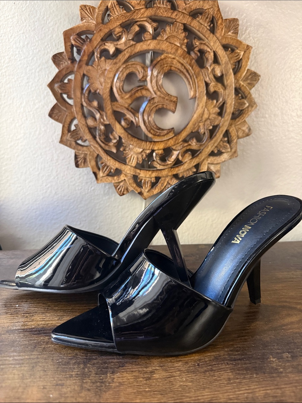 Fashion Nova Black Patent Open-Toe Slide Heels